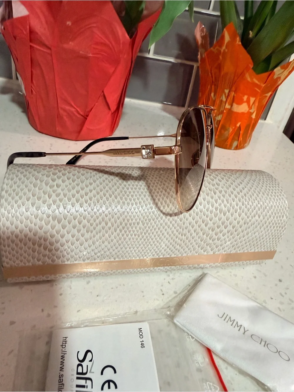 Jimmy Choo Rose Gold Aviator Sunglasses with Brown Gradient Lenses